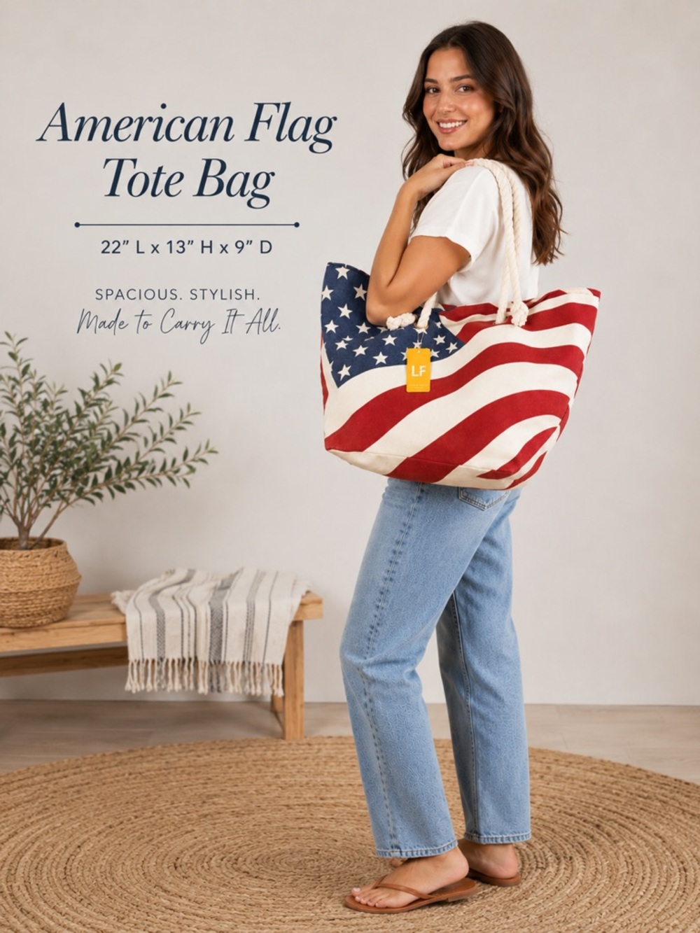 LF American Flag Canvas Tote Bag with Rope Handles - Red, White & Blue - NWT